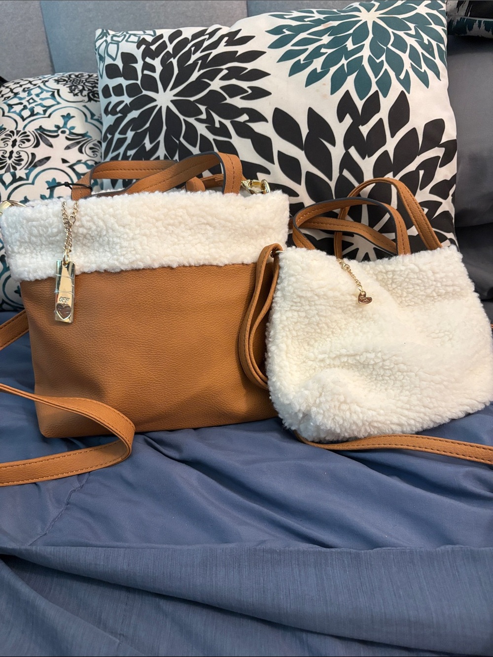 Nanette Lepore Tan and Cream Faux-Shearling Crossbody Set